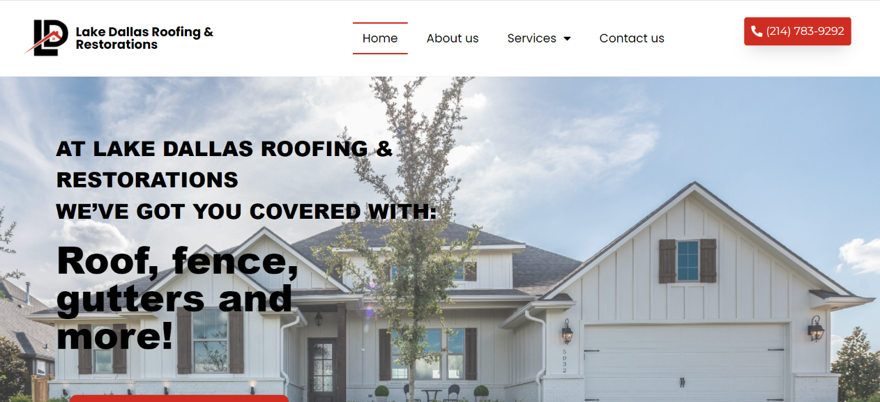 Screenshot of the top part of the Home Page on the Lake Dallas Roofing & Restorations website